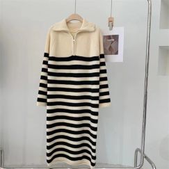 Casual Zipper Stripe Midi Sweater Dress
