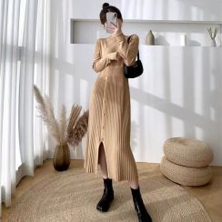 2 pcs Classic High Neck Long Sleeve Midi Dress
